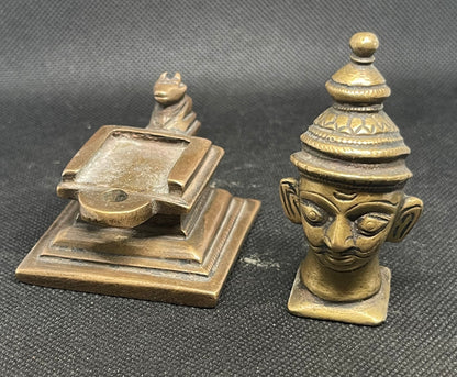 Antique heavy cast metal sculpture from India in two parts and a miniature Nandi figure