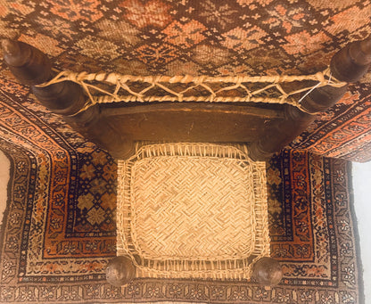 Antique Swat Valley Carved Low-Chair & Woven Leather Seat