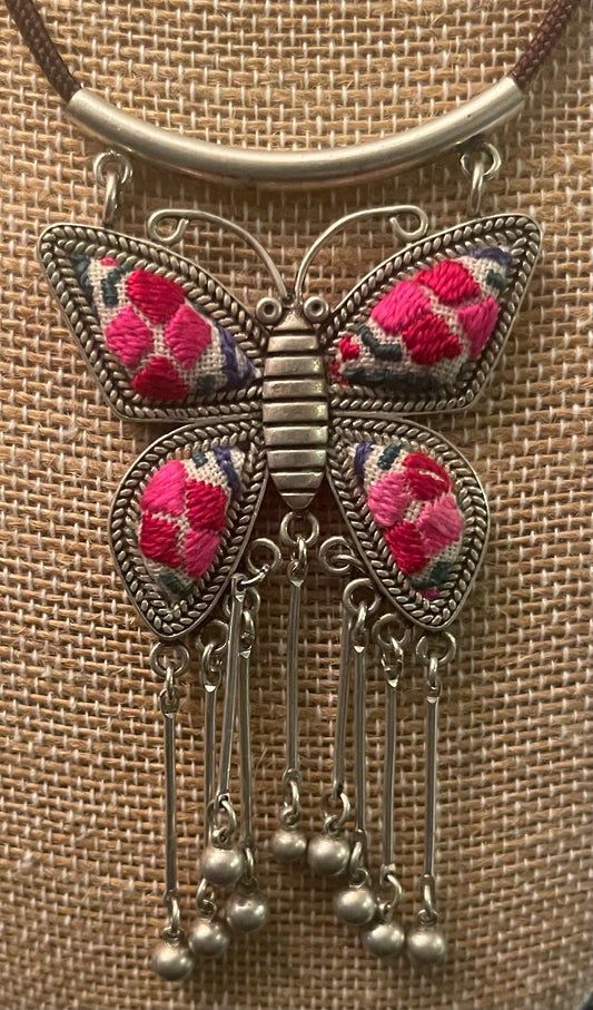 Boho Old Embroidery Butterfly Shaped Necklace