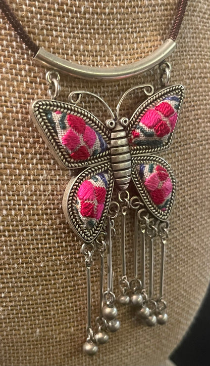 Boho Old Embroidery Butterfly Shaped Necklace