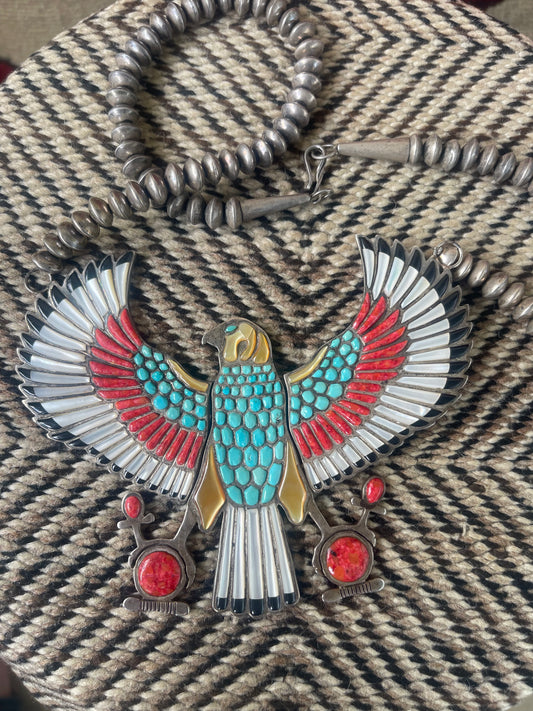 Vintage Sterling silver and inlaid stones in the form of a falcon with hinged and moveable wings