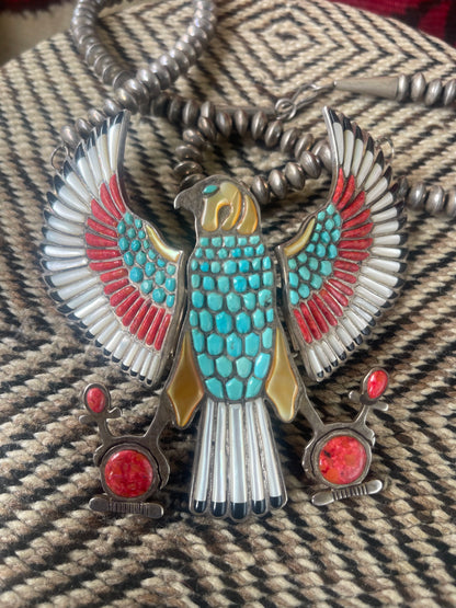 Vintage Sterling silver and inlaid stones in the form of a falcon with hinged and moveable wings