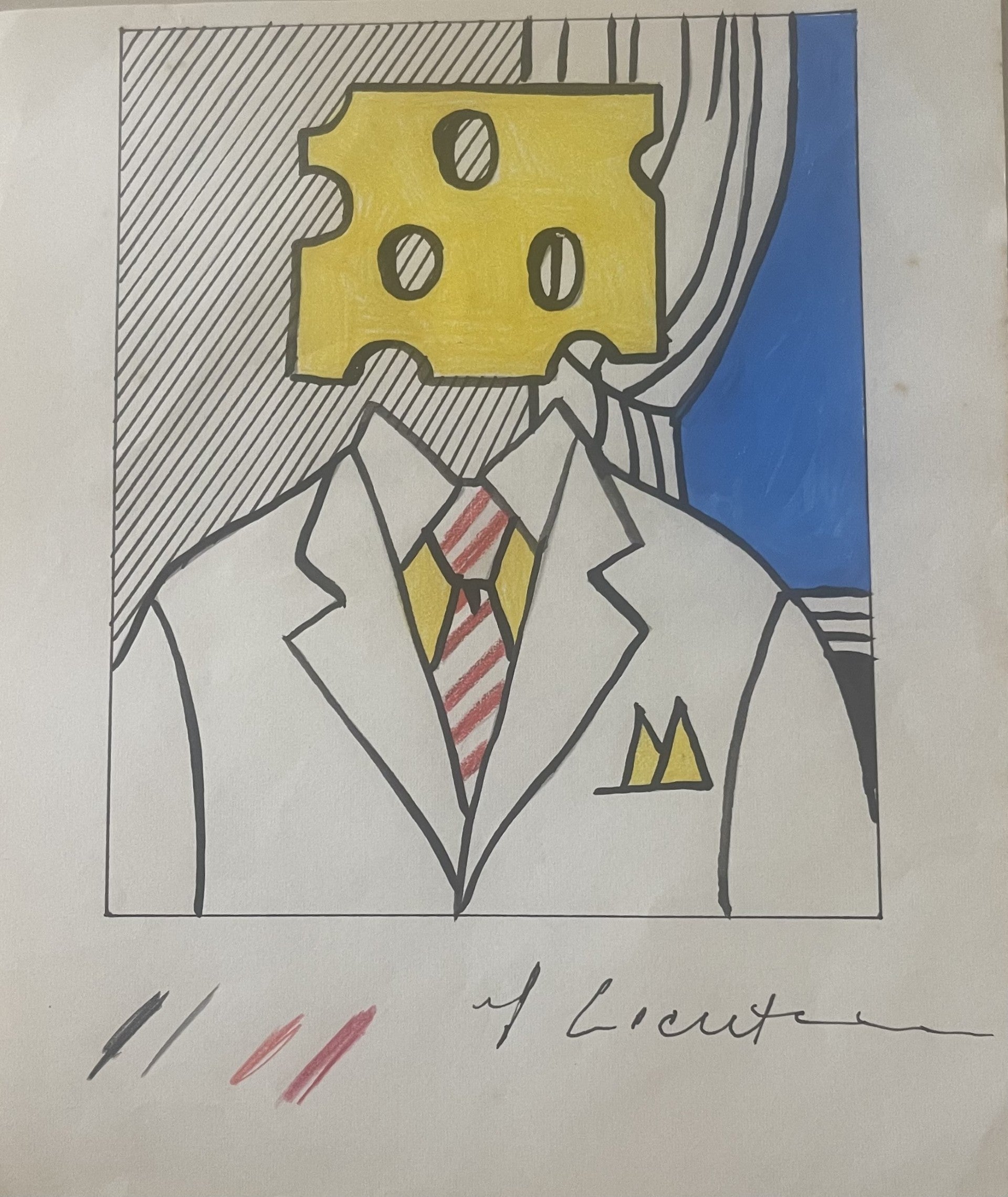 Original sketch titled "Cheese Head" signed R. Lichtenstein - Provenance available, Original sketch Art